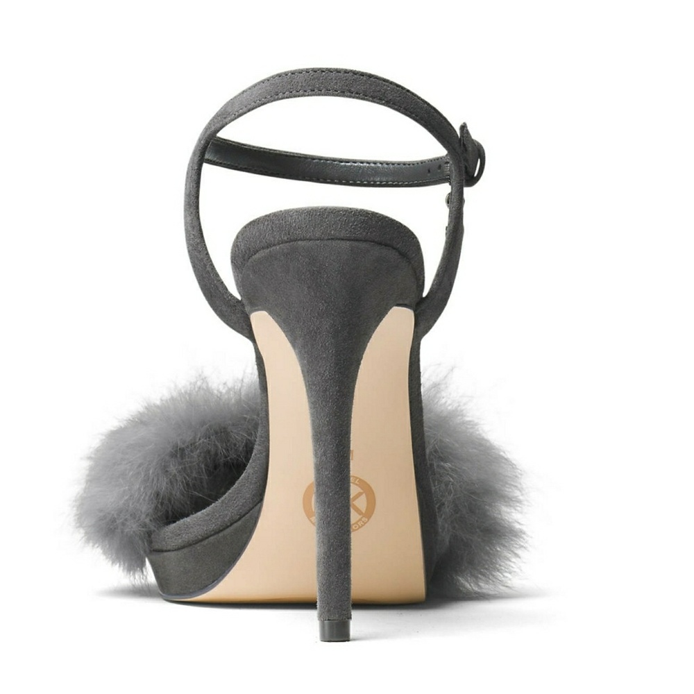New! MICHAEL KORS Rabbit Fur Gray Heels Open-toe - Picture 3 of 5
